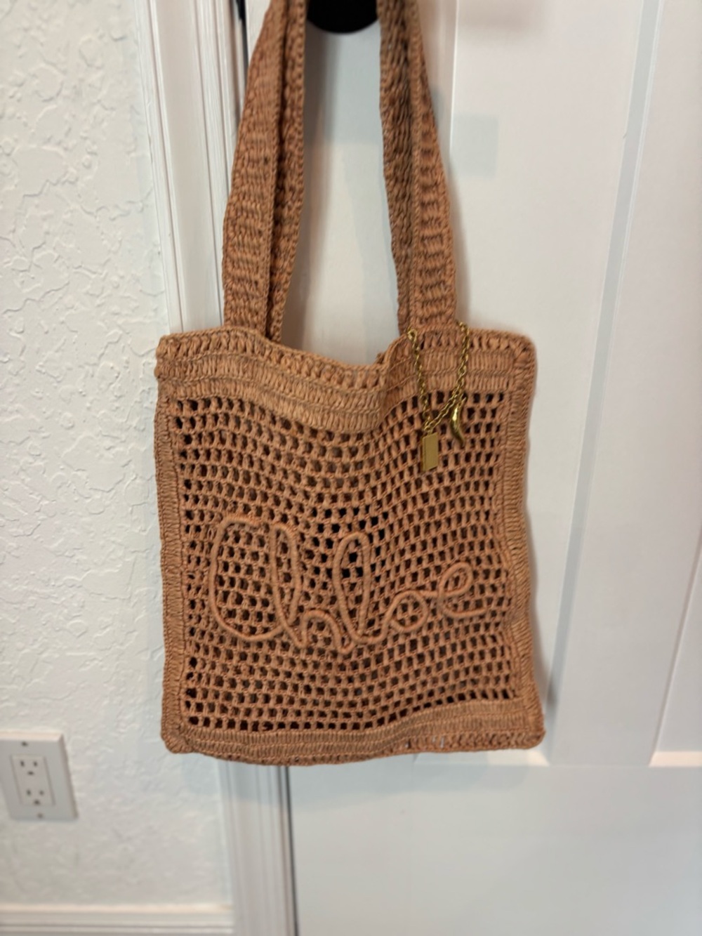 Chloé Crochet Tote in Tan with Gold-Tone Charm - Picture 3 of 6
